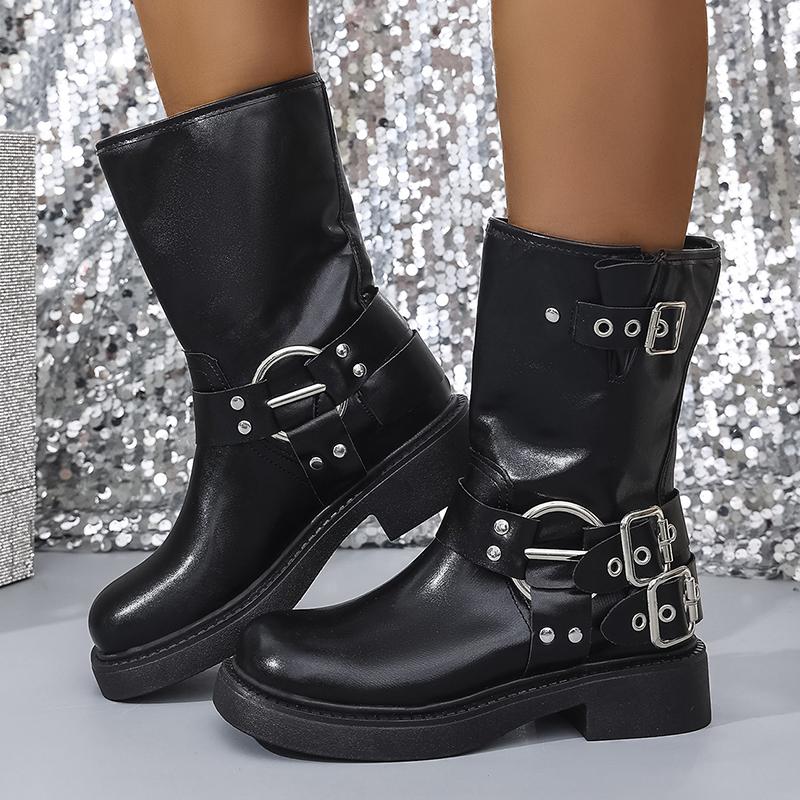 Fashion Punk Style Platform Ankle Boots Women Fashion Belt Buckle Thick Bottom Knight Boots Women Slip On Pu Leather Motorcycle Booties