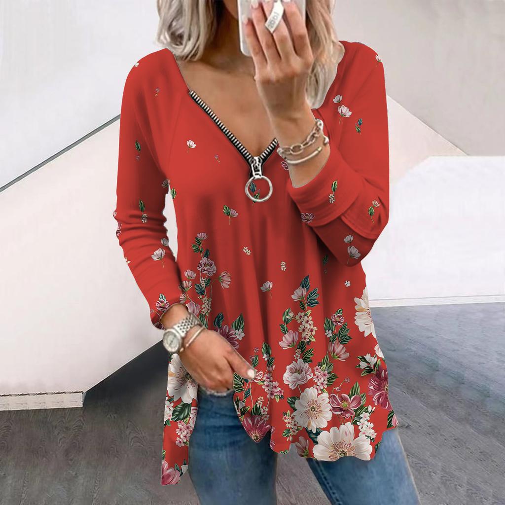 Женские осенние футболки с длинными рукавами с цветочным принтом и белыми цветами, свободные футболки с v-образным вырезом, большие размеры, топы, удобная блузка