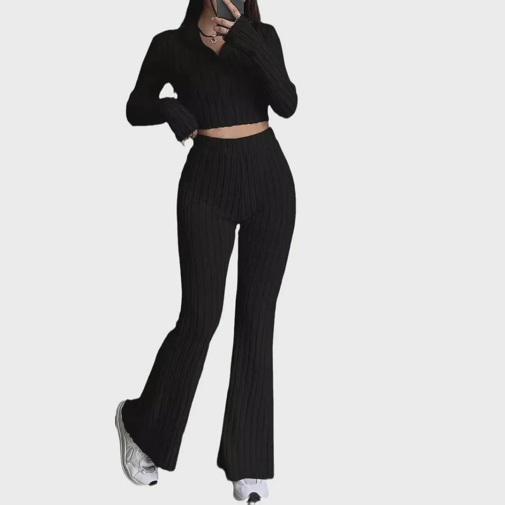 Women's Casual Ribbed Solid Color Two-Piece Set: Zipper Long Sleeve Cropped Top & High Waist Flared Pants