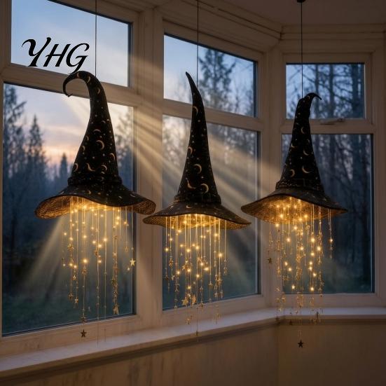 Lighted Witch Hat Decor Hanging Halloween Decor, LED Glowing Wizard with Star Lights for Porch Tassel Garland, Indoor Outdoor Ceiling Spooky