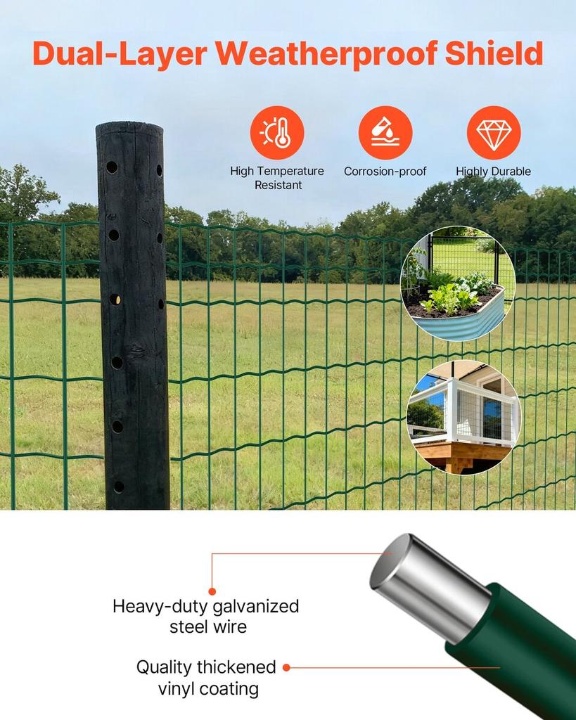 Farm Fence, 1.2 x 25 m, 2 x 4 in Mesh 2.1mm Galvanized Steel Wire Fencing for Cattle, Hog & Sheep, Heavy Duty Vinyl Coated Livestock Fence for Animal