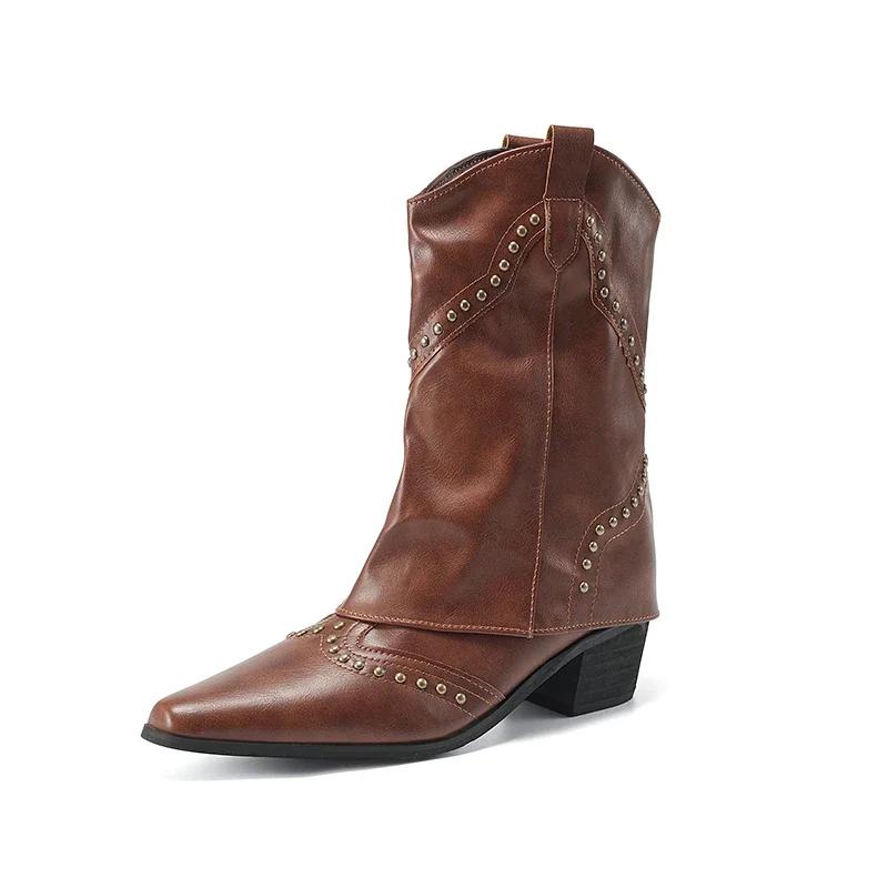 Shoes for Women 2024 Winter Fashion Solid Sleeve Ankle Boots Cowboy Western Pointed Toe Punk Knight Boots Zapatos De Mujer