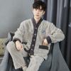 2pcs Set Autumn and Winter Flannel Men's Pajamas Warm Long Sleeve Long Pants Plus Velvet Thickened Home Clothes