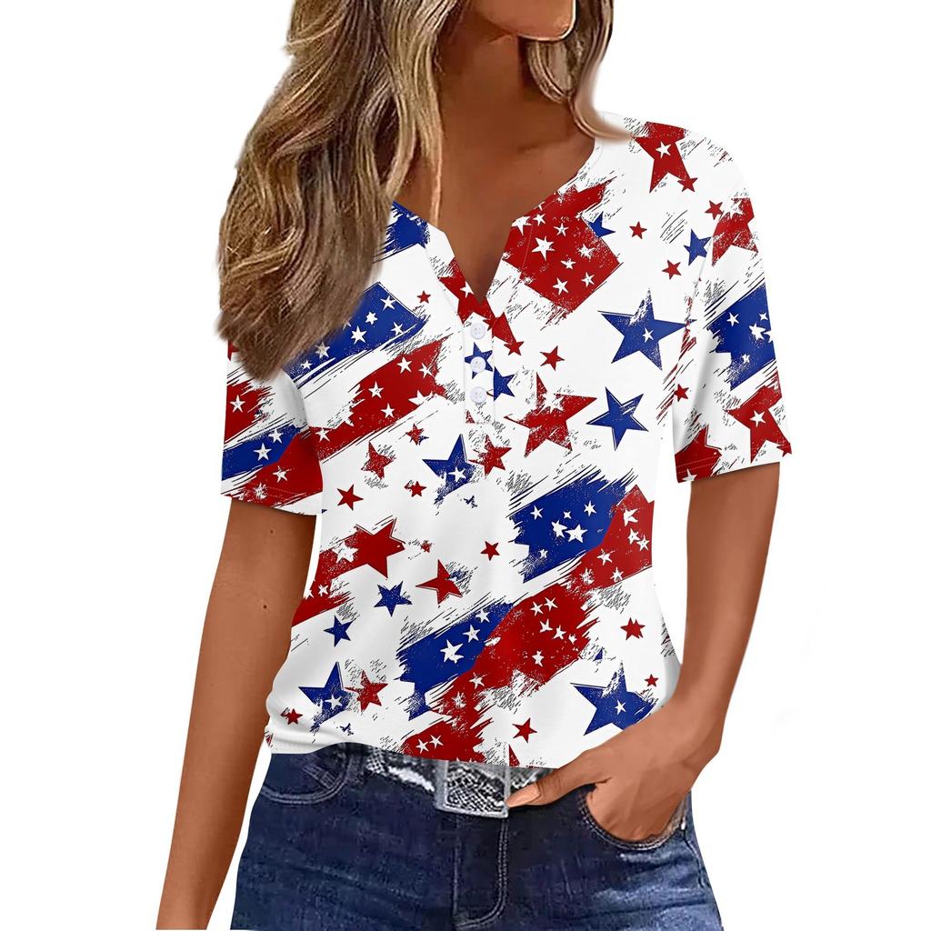 Women's T Shirt Independence Day Print Button Short Sleeve Daily Weekend Fashion Basic V- Neck Regular Top