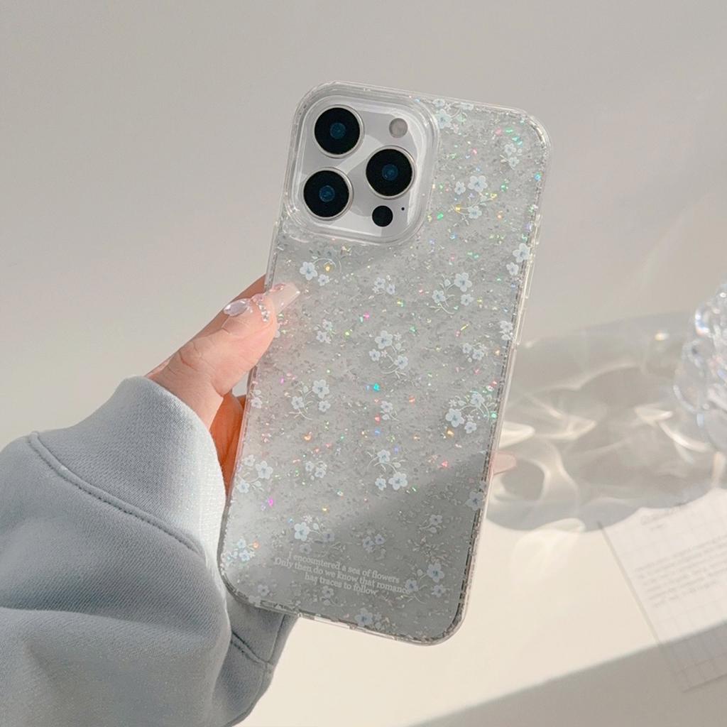 Gentle blue floral case suitable for Apple 16 Pro Max, 17 glitter, iPhone 15 transparent, 1312 elegant