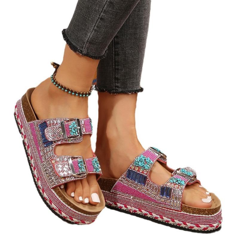 Fashion Retro Thick Bottom Double Buckle Rhinestone Cork Slippers Women's Casual Slippers Omns Lippers