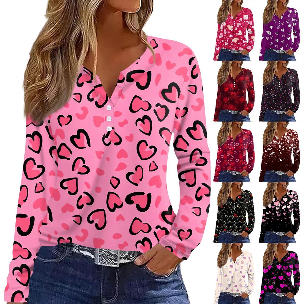 Женская футболка с принтом ко Дню святого Валентина, туника с длинным рукавом и пуговицами, повседневная мода на выходные, базовый топ с V-образным вырезом