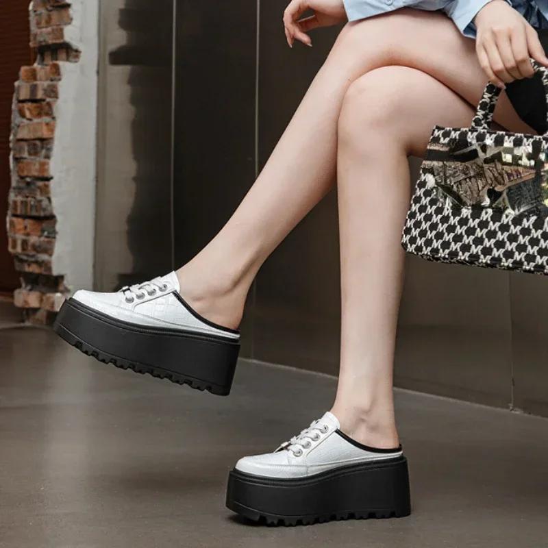 Fashion 8cm 2025 Patent Microfiber Leather Women Slipper Sandals Shoes High Brand Fashion Platform Wedge Flats Summer Lace Up