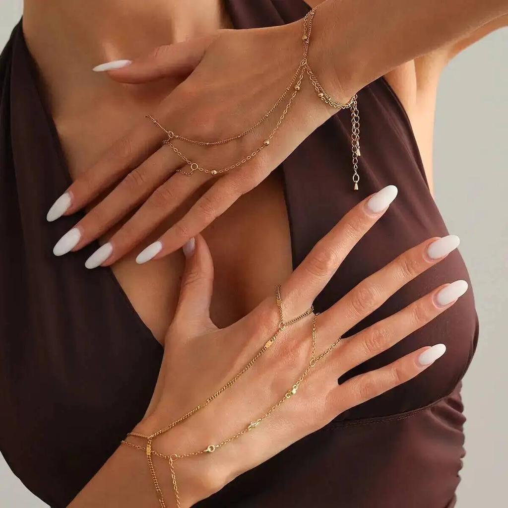 SHIXIN Exquisite Stainless Steel Zircon Hand Chain Bracelet Women Thin Link Chain Connecting Harness Bracelet Ring Hand Jewelry