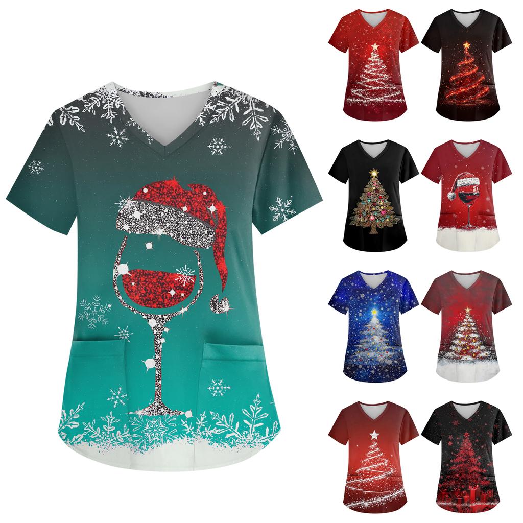 Women's V-neck Christmas Print Short-sleeved Pocket Side Slit Uniform Top