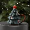 Christmas Tree Coffee Mug with Star Lid, 340ml Festive Holiday Cup for Hot Themed Beverage Drinkware Cocoa And Milk, Retro Curved Handle Microwave