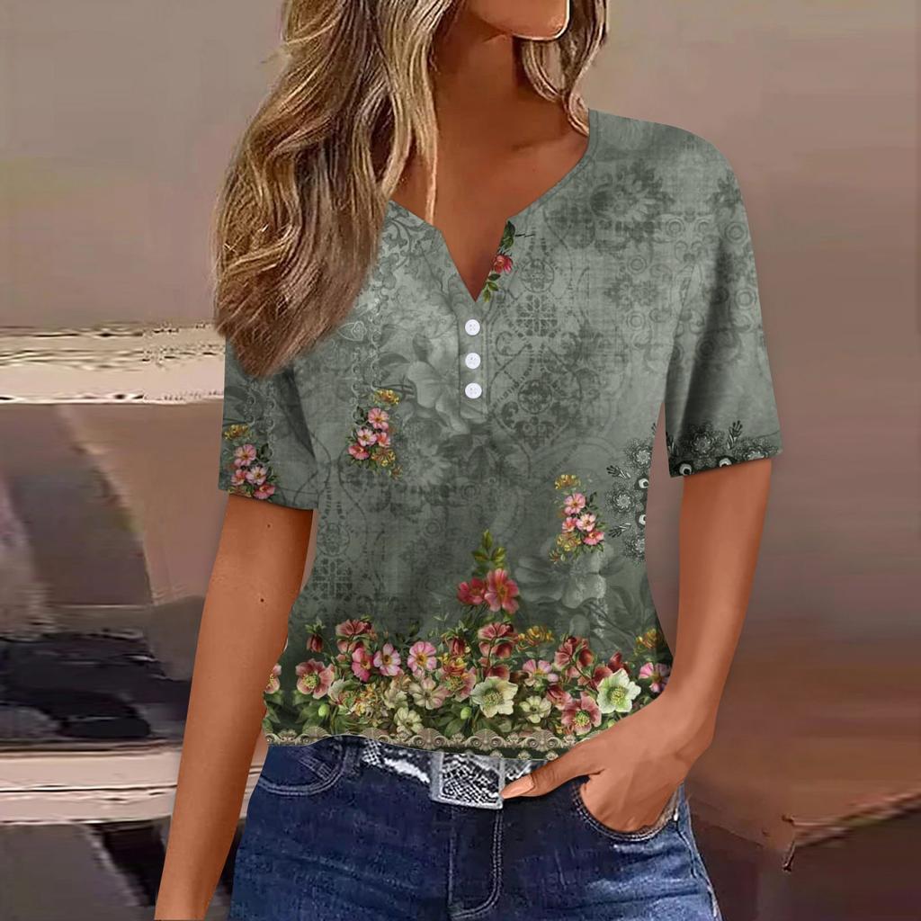 Women's T Shirt Tee Print Button Short Sleeve Daily Weekend Fashion Basic V- Neck Regular Top