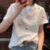 Women's Love Embroidery Round Neck Short Sleeve T-shirt - New for Spring/Summer 2025, Small Size, Solid Color Top.