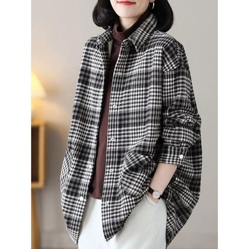 Women S Casual Loose Mid Length Plaid Jacket Spring Autumn