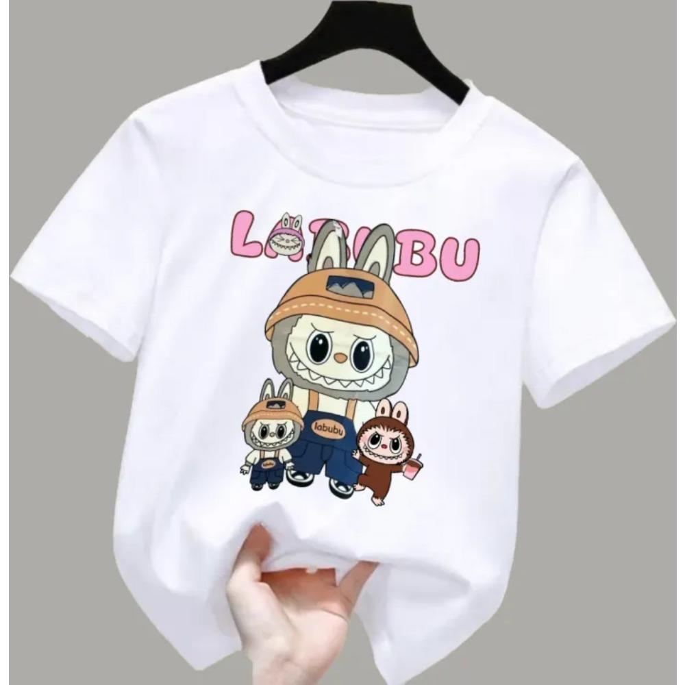 Новая детская футболка Labubu Шахтер LABUBU Уродливый и милый узор Для девочки Круглый вырез Короткий рукав Повседневная Универсальная одежда
