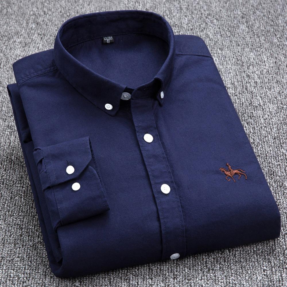 Men's Cotton Shirt Solid Color Business Casual Formal Embroidery Shirts Long Sleeve Lapel Male Fashion Standard Fit Button Up