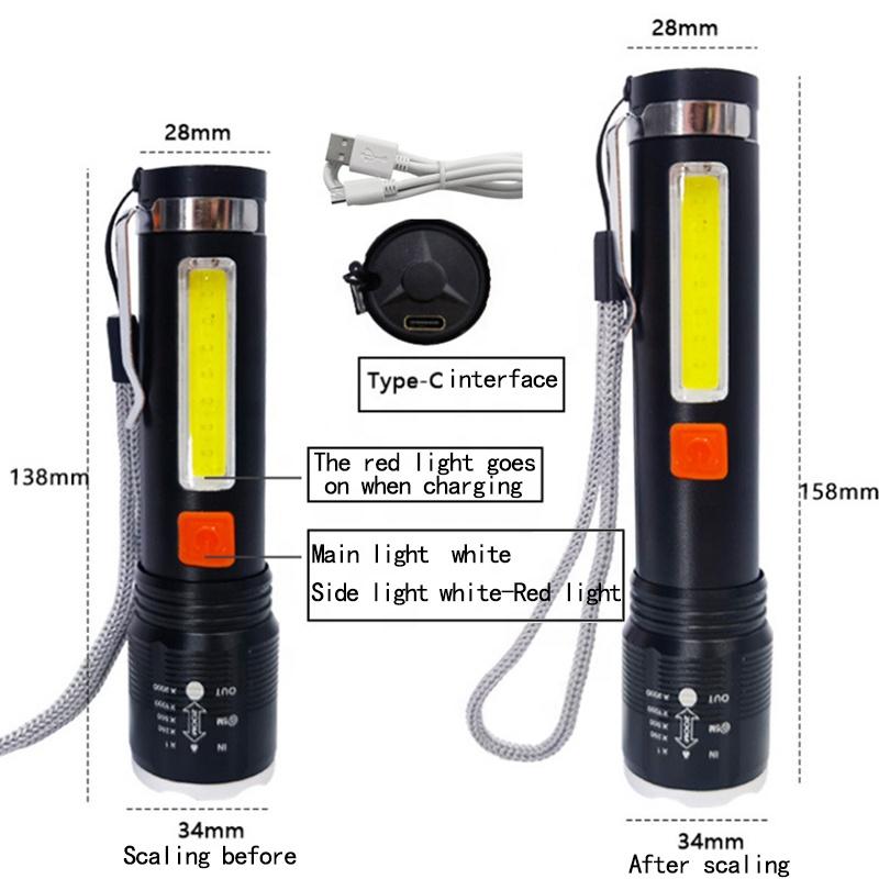 Супер яркий фонарик, 4 режима, масштабируемый, с боковой прожектором XH-P50, светодиодный мини-прожектор, перезаряжаемый фонарик