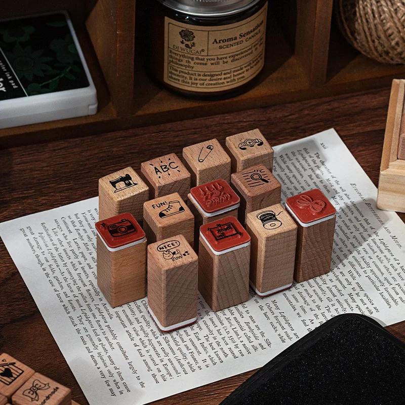 Daily Life 18 Pcs Wood Seal Set Box Diy Diary Decoration Material Stamp Wooden Box 4 Options Wooden Seal Gift