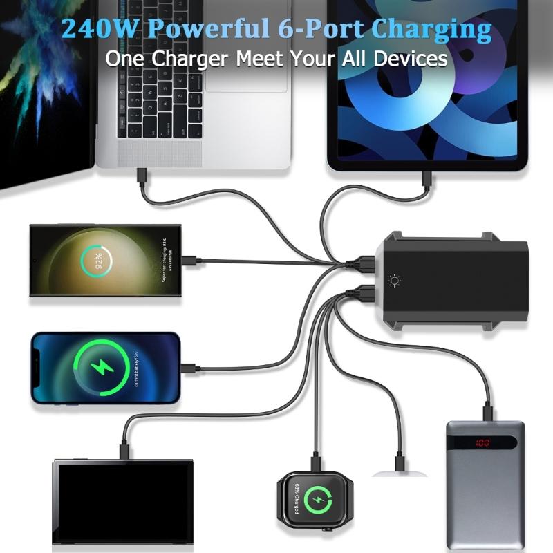 Зарядный адаптер 240 Вт 6 в 1 140 Вт USB Type C Цифровой дисплей Быстрая зарядная станция для мобильного телефона Ноутбука Электроники
