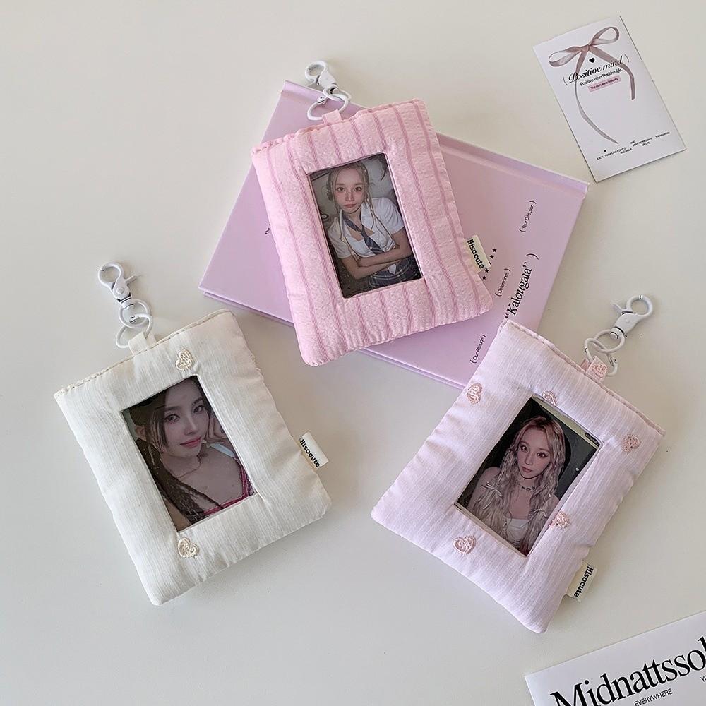 Pillow Shape Photocard Holder Keychain Striped Heart Hanging Decoration Campus Card Protective Cover Idol Card Display Protector