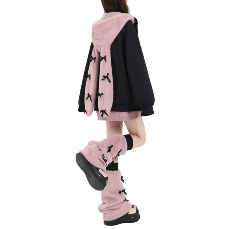 Womens Bow Bunny Ear Hooded Padded Coat Loose Fit Winter Warm Outerwear