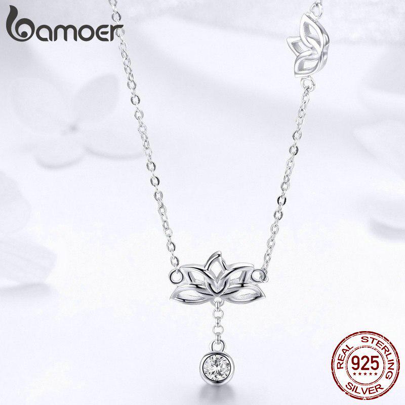 BAMOER Элегантные ожерелья с подвеской в виде цветка лотоса из 100% стерлингового серебра 925 пробы