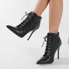 Liyke Fashion Metal Rivet Women Ankle Boots Solid Black High Heels Stripper Pole Dance Shoes Sexy Pointed Toe Lace Up Booties