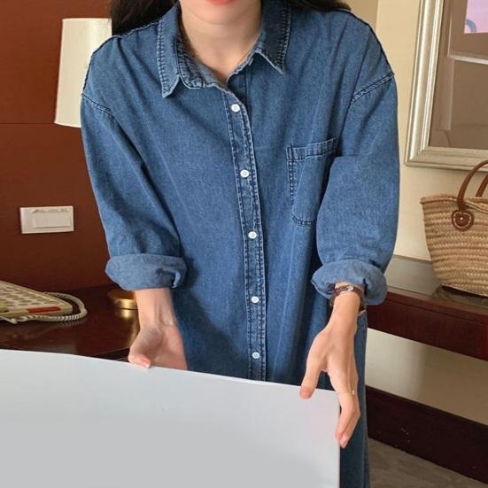 Женское джинсовое платье-рубашка с длинным рукавом и пуговицами, летнее повседневное свободное джинсовое платье с карманом