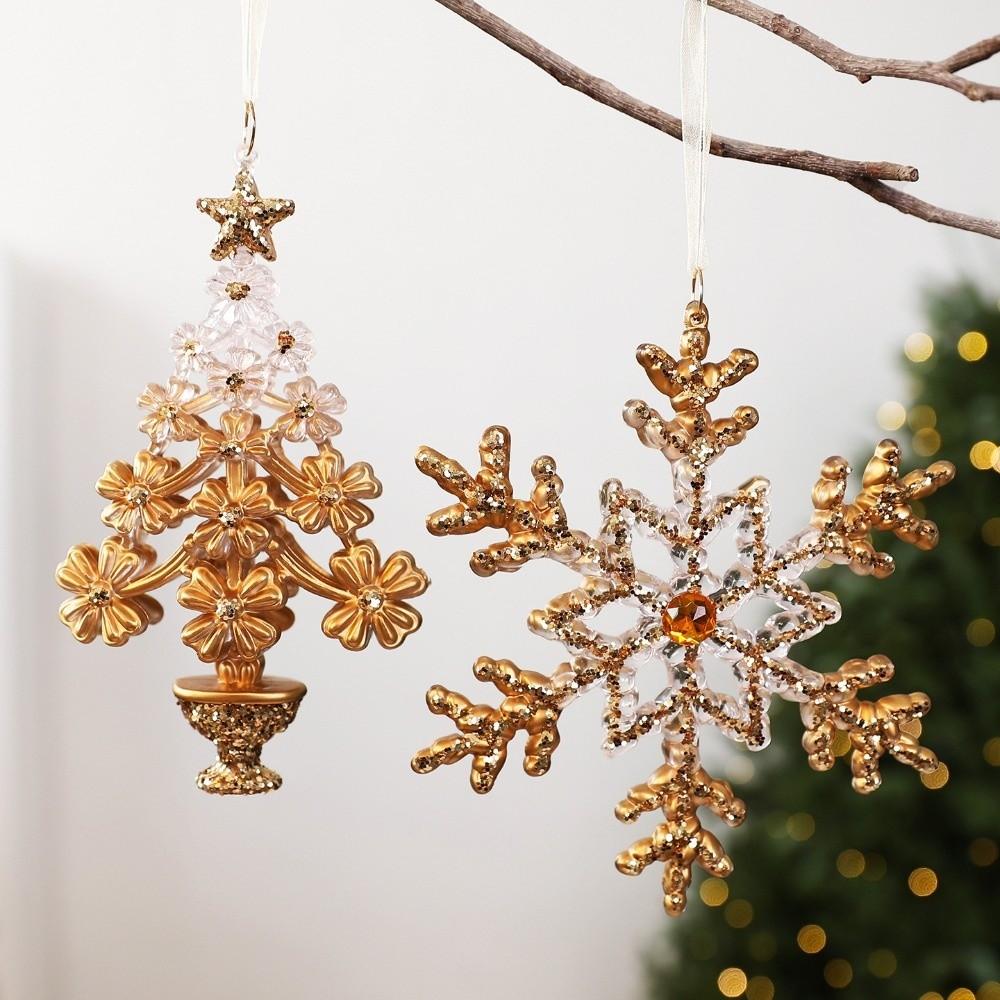 Golden Translucent Christmas Snowflake Pendant Crystal Prism Wreath Elk Deer Ornaments Home