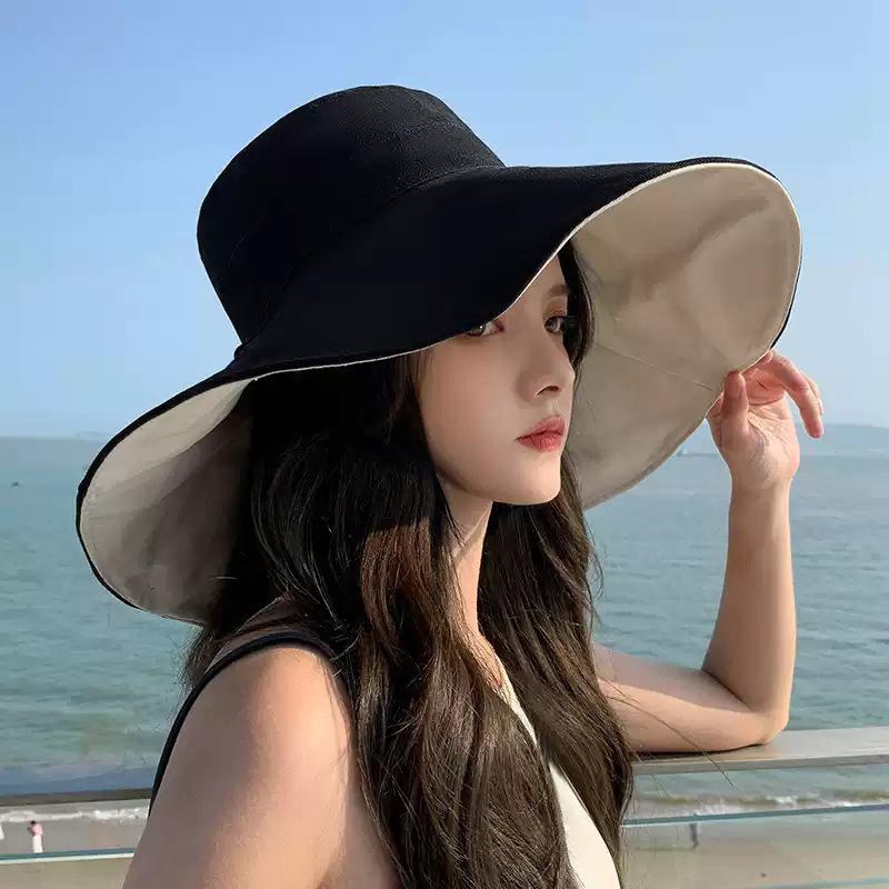 1Pc Summer Big Brim Sun Hat For Female Seaside Sun Protection Uv Beach Cap Double Sided Sun Hat Fisherman Hat W Windproof Rope