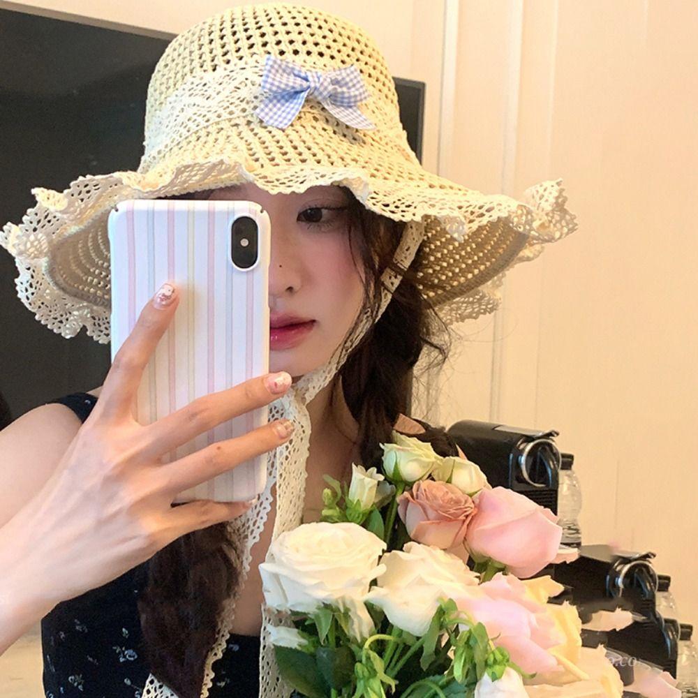 French Style Lace Bucket Hat Sweet Women's Sun Hat Sunscreen Bow Ribbon Straw Hat Girls