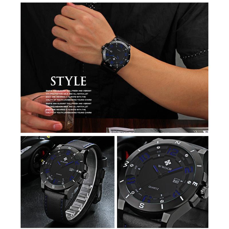 WWOOR Спортивные мужские часы с кожаным ремешком Матовый черный корпус с календарем Водонепроницаемые кварцевые часы