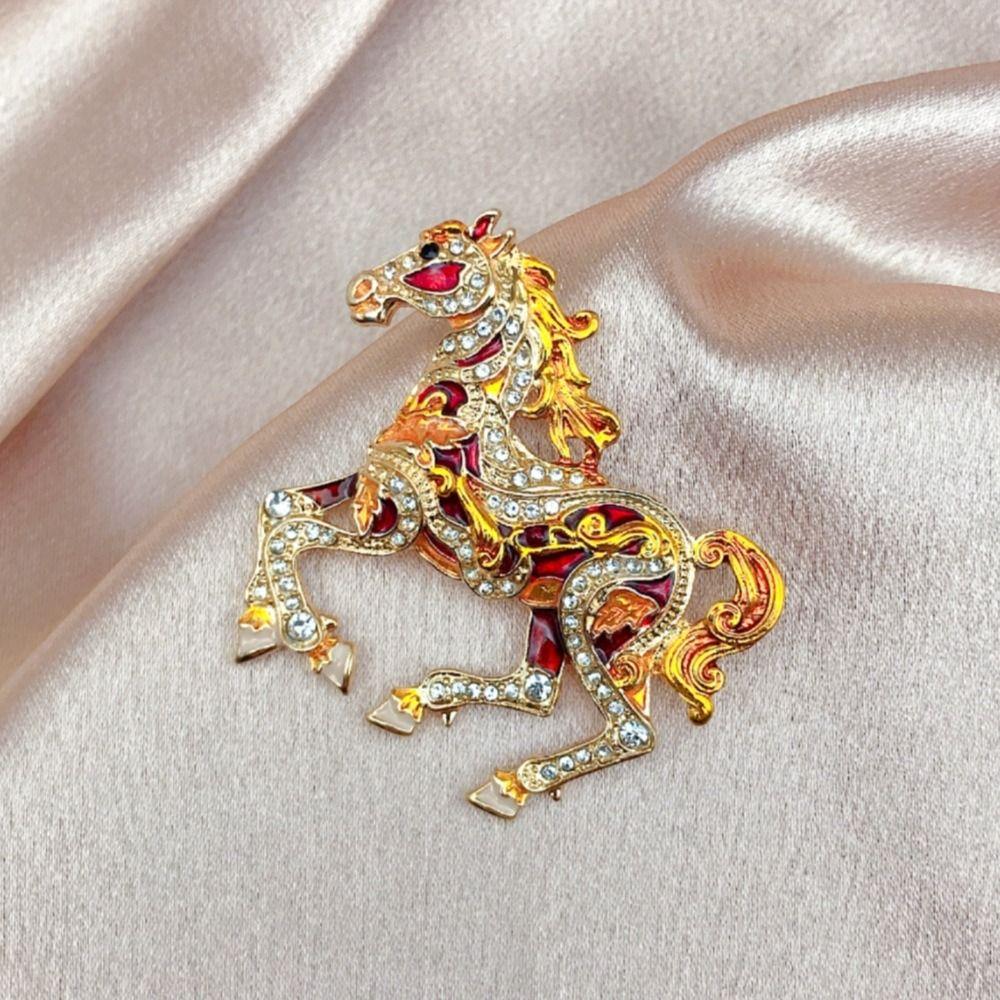 Metal Enamel Horse Brooch Pin Crystal Mascot Horse Lapel Pin New Year Horse Jewelry  New Year Gifts