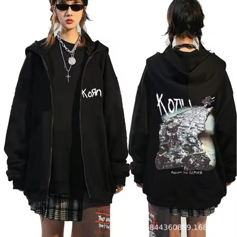 Long Sleeve Unisex Korn Band Graphic Zip Up Hoodie Casual Loose Fit Sweatshirt