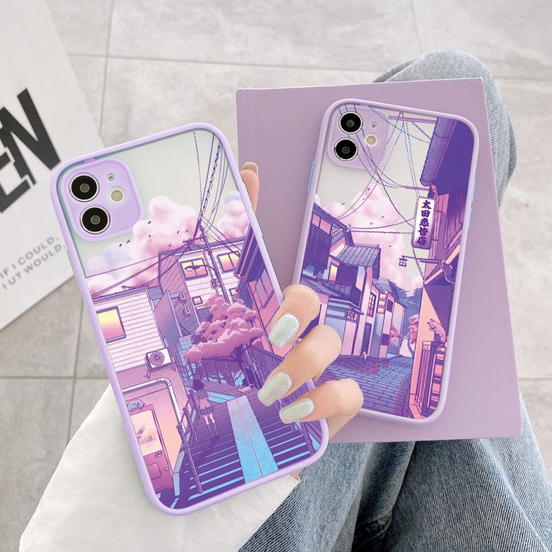 Чехол для телефона с японским аниме-пейзажем Для iPhone 16 11 15 12 14 Pro Max 12 13 Mini 7 8 Plus X XR XS Матовый фиолетовый Чехол с видом на улицу