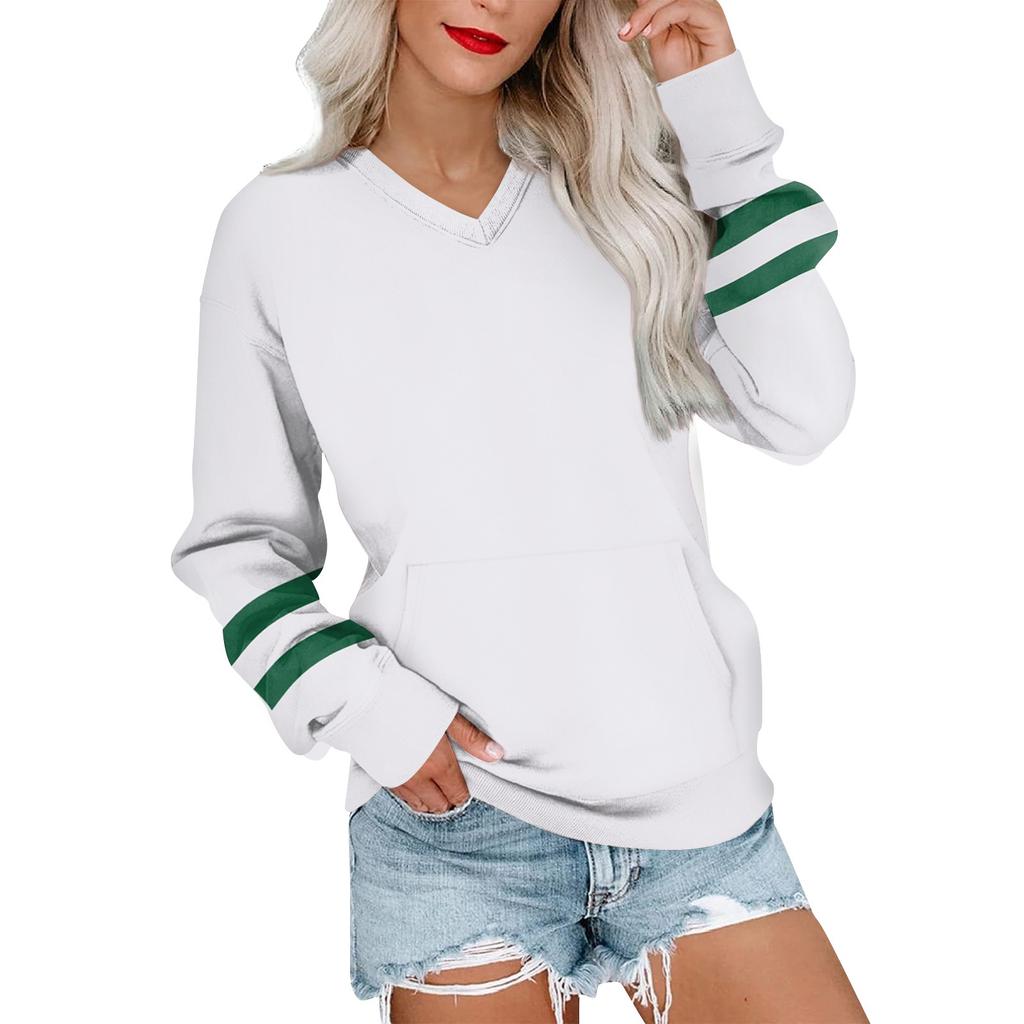 Женская повседневная модная полосатая толстовка с V-образным вырезом и длинным рукавом, легкая толстовка с карманами
