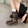 Fashion Women Short Boots 2025 New Autumn Square Toe Low Heel Straps Cowboy Knight Boots Fashion Platform Buckle Ankle Boots Botas Mujer
