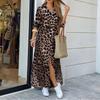Women S Leopard Print V Neck Long Sleeve Maxi Shirt Dress Casual Summer