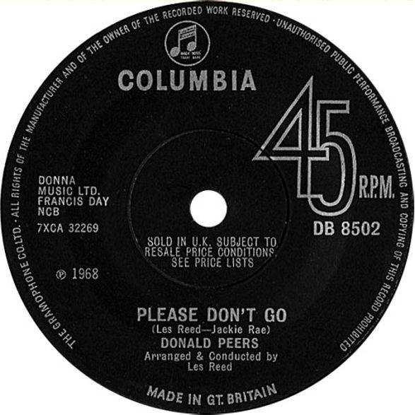 Пластинка 7 дюймов DONALD PEERS - Please Don't Go DB8502 Columbia 1968 UK Rock Б/у