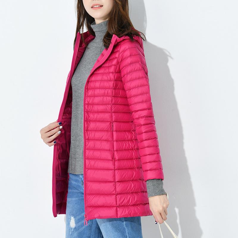 New light down jacket women's medium and long hooded large size slim fit thin light winter coat