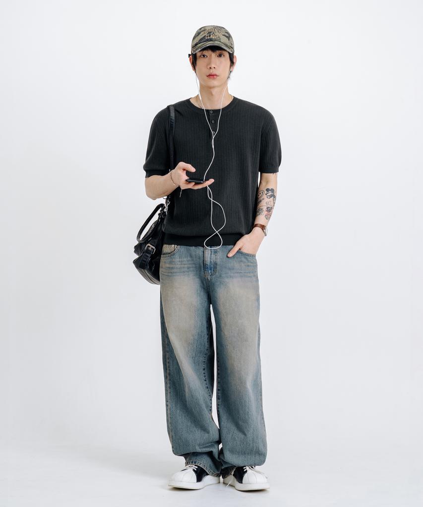 LEMAIN SECOND Classic Henley Neck Washable Short Sleeve Knit [Charcoal]