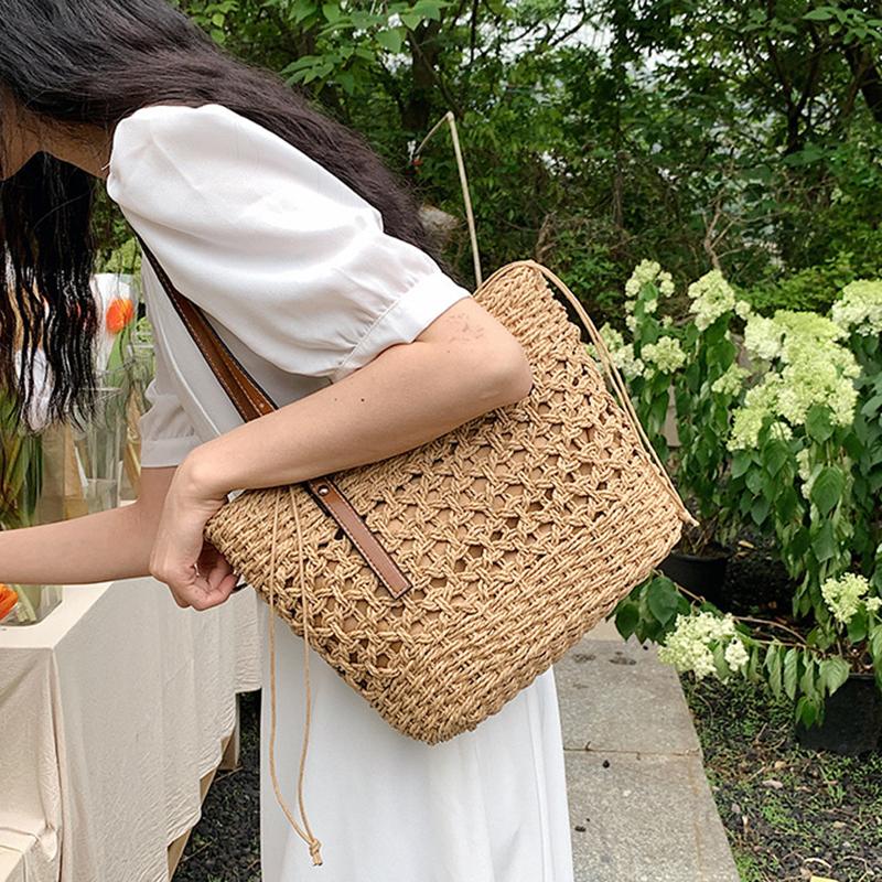 Соломенная сумка-ведро большой емкости для женщин, летняя тканая пляжная сумка-тоут с верхней ручкой, сумка-шоппер