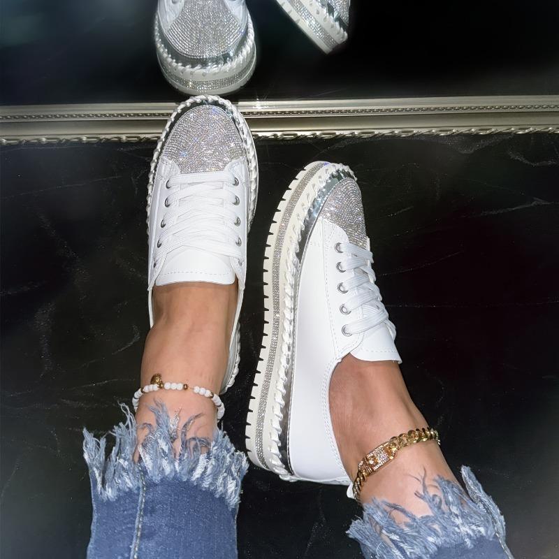 Women's Rhinestone Flat Sneakers - Stylish Lace Up Low Top Shoes for Outdoor Activities