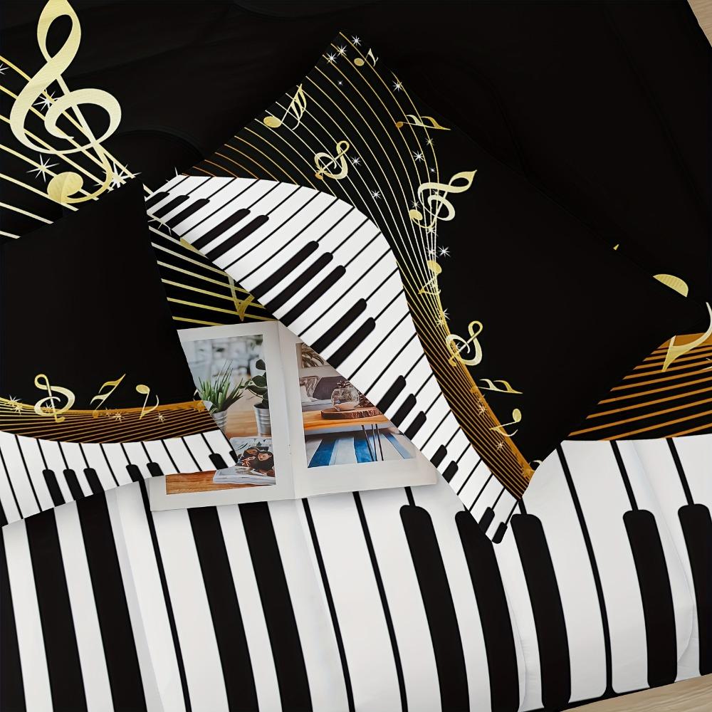 3pcs Black Bedding Set Piano Keys Music Note Print Cozy Duvet Cover King Queen Twin Size Birthday Gift for Adult Bedroom Decor