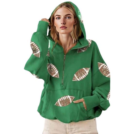 Женская толстовка с капюшоном, худи оверсайз на молнии до середины, с принтом регби с пайетками, осенний повседневный пуловер с карманами