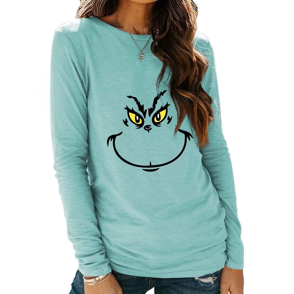 Women's Shirts Christmas Print Long Sleeve Round Neck Basic Loose Pullover Tee Top