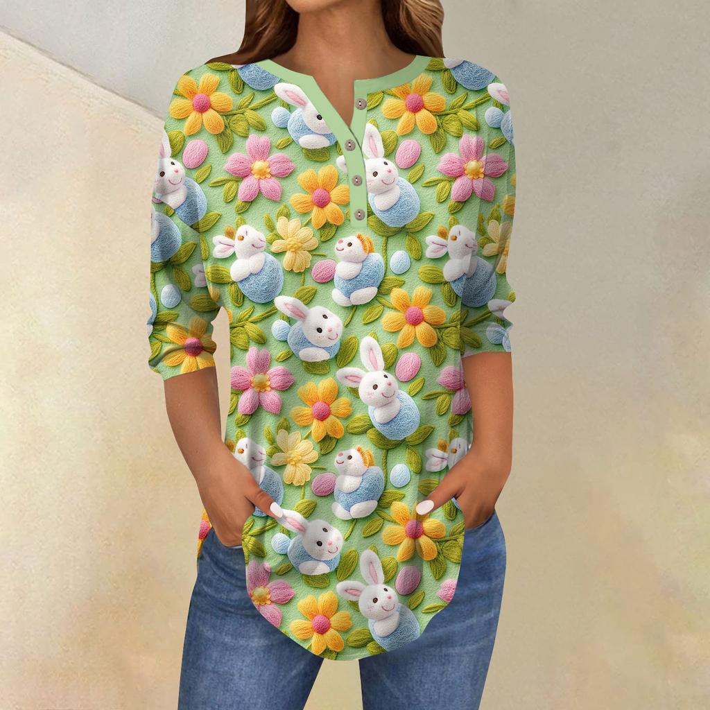 Women's 3/4 Sleeve Easter Egg Bunny Print Button Collar Fashion Casual Top