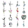 New Fine 925 Silver Pink Glass Flamingo Dangle Bead Pendat Fit Original Fasion Bracelet Jewelry Shiny Colored Zircon Bird Charm