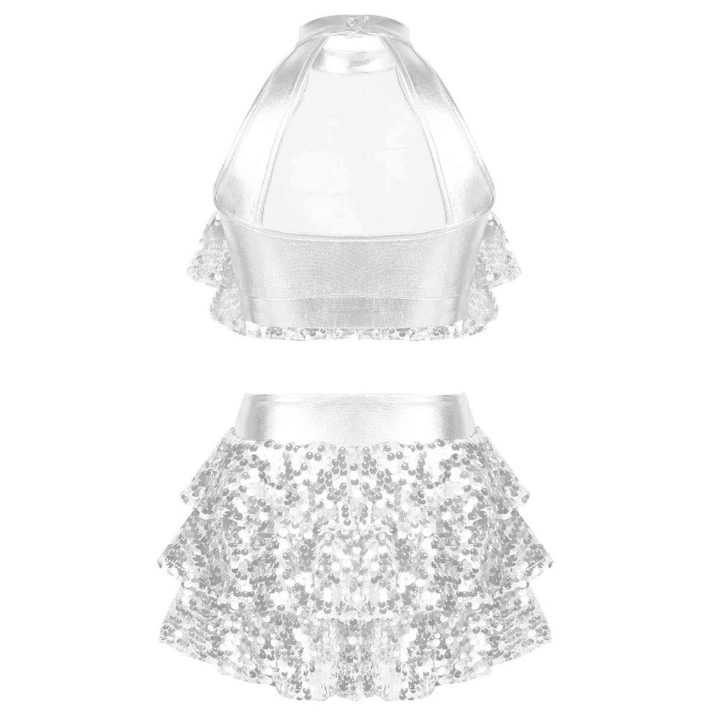 Girls Sparkling Dance Set Sleeveless Round Collar Backless Shiny Sequins Tiered Crop Top Elastic Waist Skirt
