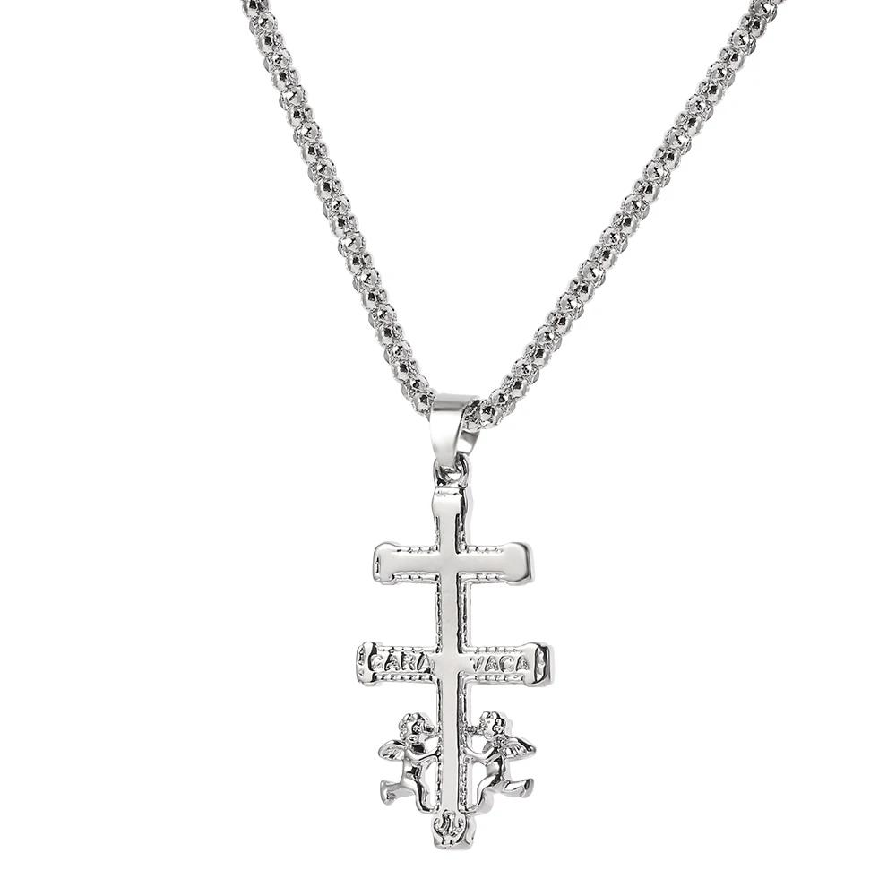Catholic Caravaca Crucifix Cross Necklace Cherub Angel Pendant Christian Necklaces For Women Men Jewelry